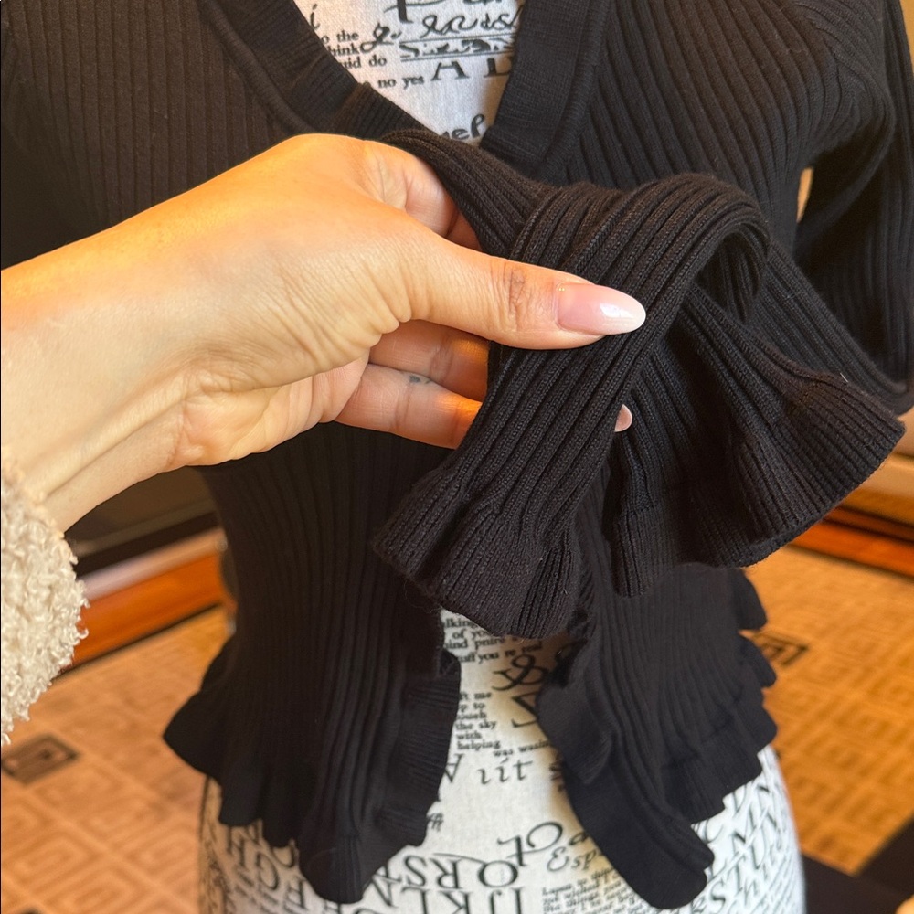 Mable Ribbed Black Ruffle-Trim Cardigan - Picture 5 of 10